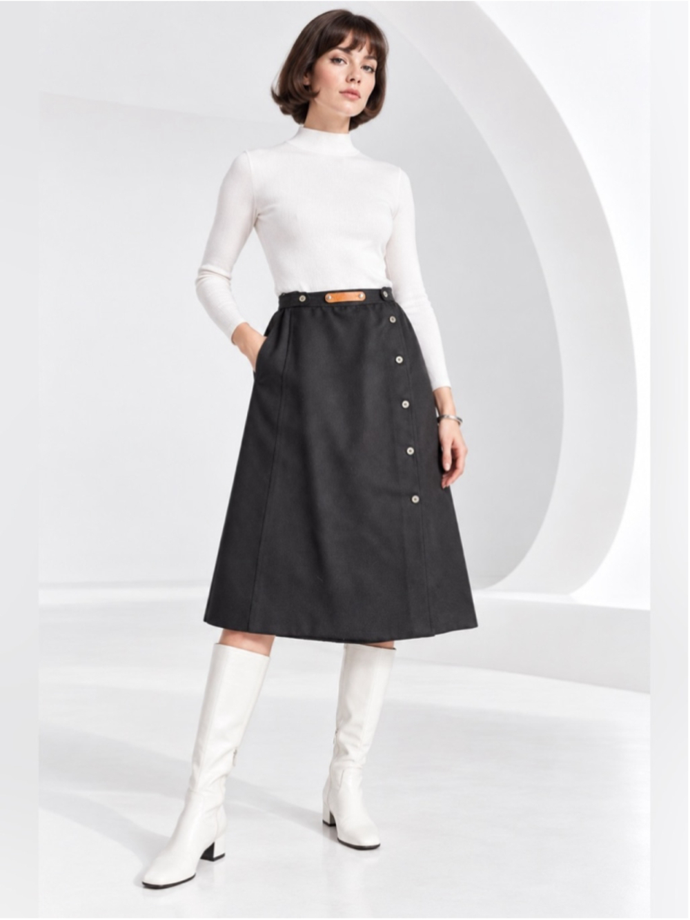 Rare Vintage Courrèges Paris Black Wool Blend A-Line Midi Skirt Mod Space Age 00